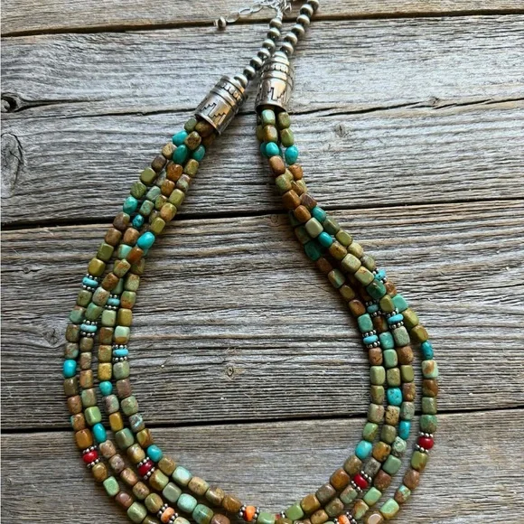 Sterling silver sourhwestern blue green turquoise multistrand necklace 24 inch